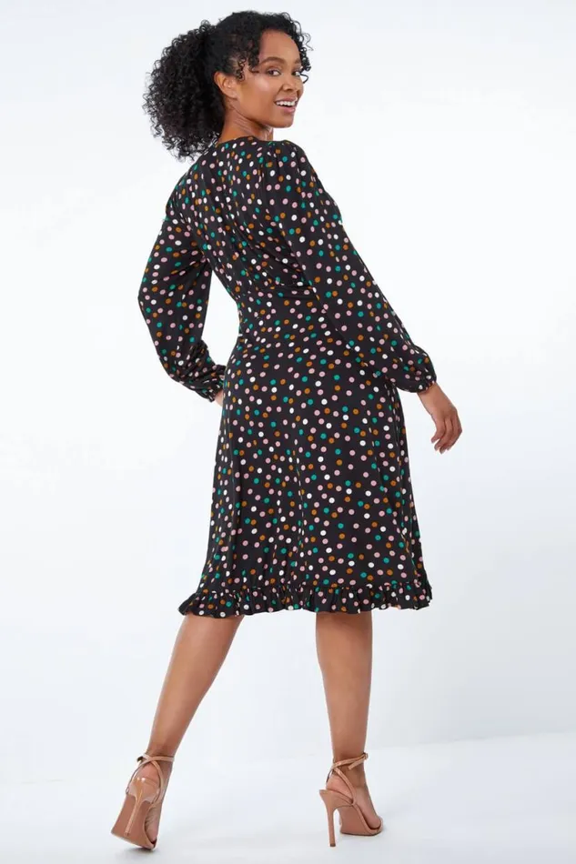 Black Petite Spot Print Frill Hem Dress Women Roman Dresses