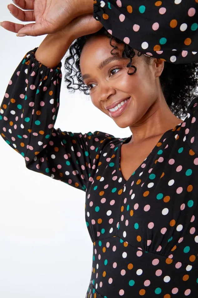 Black Petite Spot Print Frill Hem Dress Women Roman Dresses