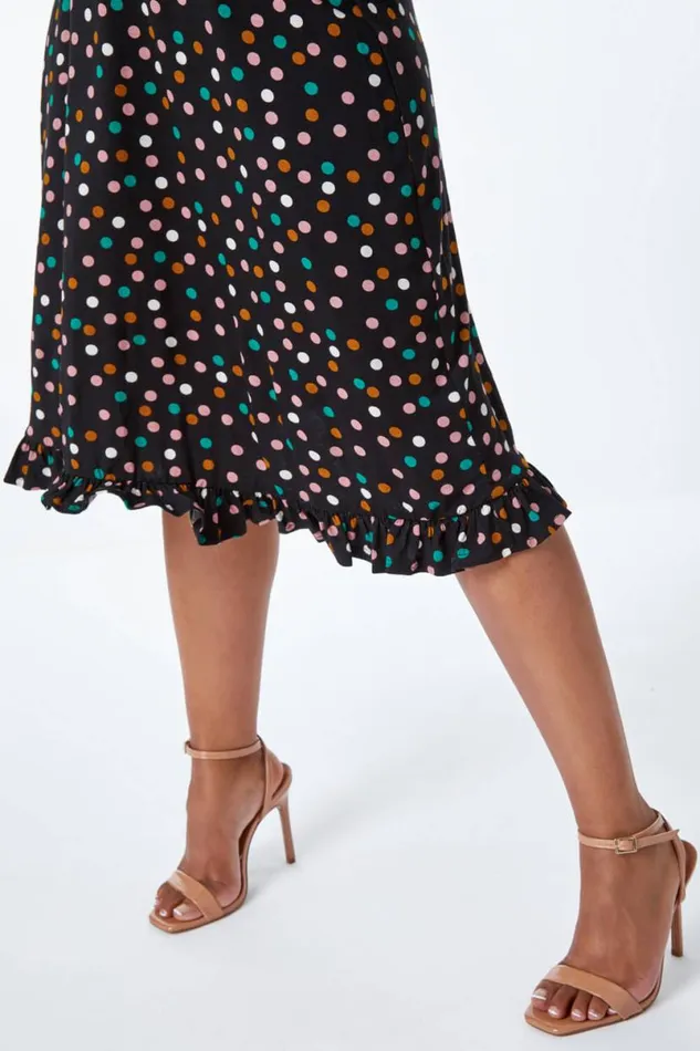 Black Petite Spot Print Frill Hem Dress Women Roman Dresses