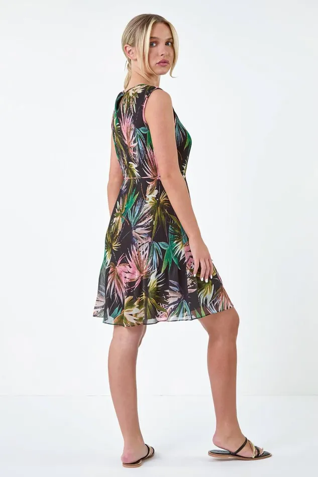 Black Petite Tropical Tie Detail Pleated Dress Women Roman Dresses