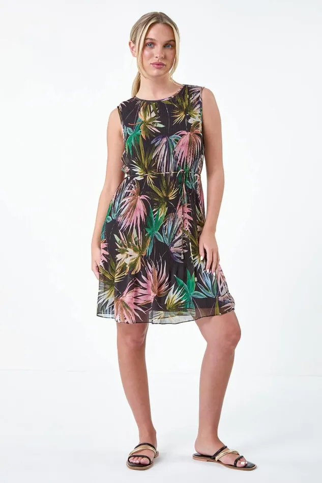 Black Petite Tropical Tie Detail Pleated Dress Women Roman Dresses