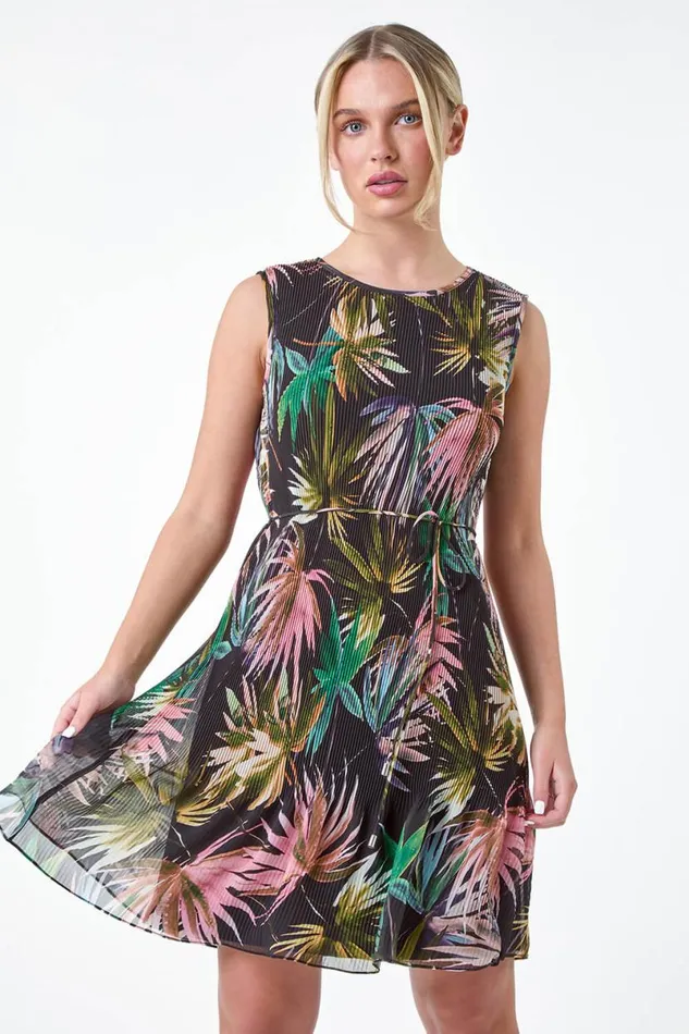 Black Petite Tropical Tie Detail Pleated Dress Women Roman Dresses