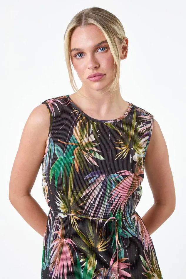 Black Petite Tropical Tie Detail Pleated Dress Women Roman Dresses