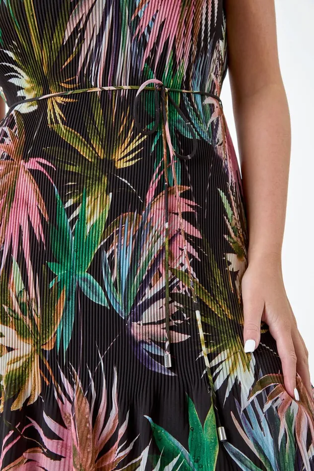 Black Petite Tropical Tie Detail Pleated Dress Women Roman Dresses