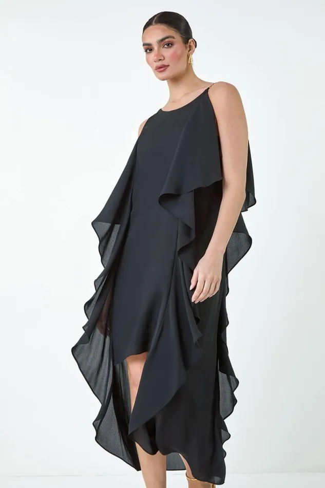 Black Plain Dipped Hem Ruffle Detail Midi Dress Women Roman Dresses