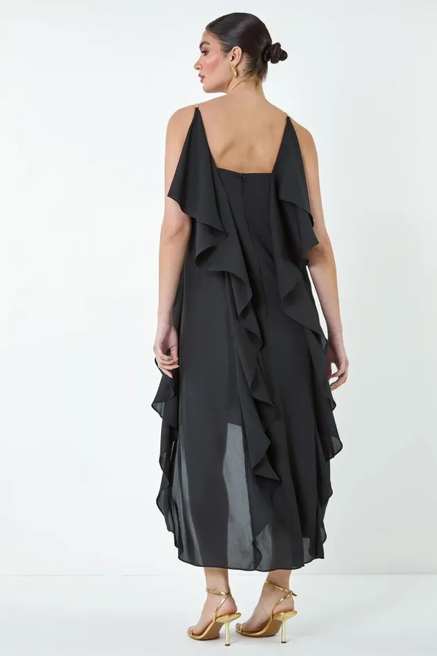 Black Plain Dipped Hem Ruffle Detail Midi Dress Women Roman Dresses