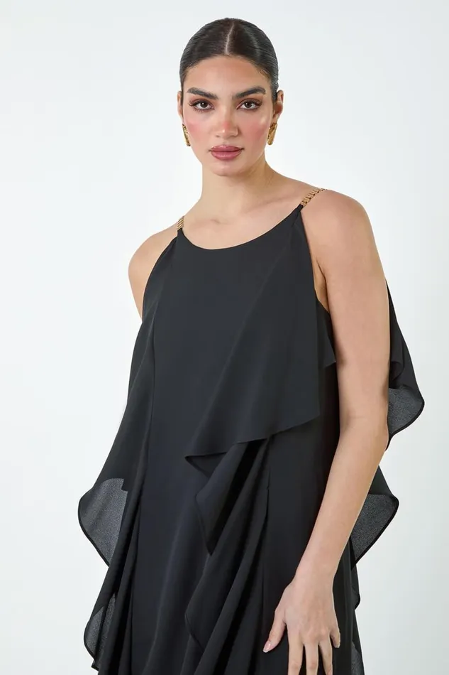 Black Plain Dipped Hem Ruffle Detail Midi Dress Women Roman Dresses