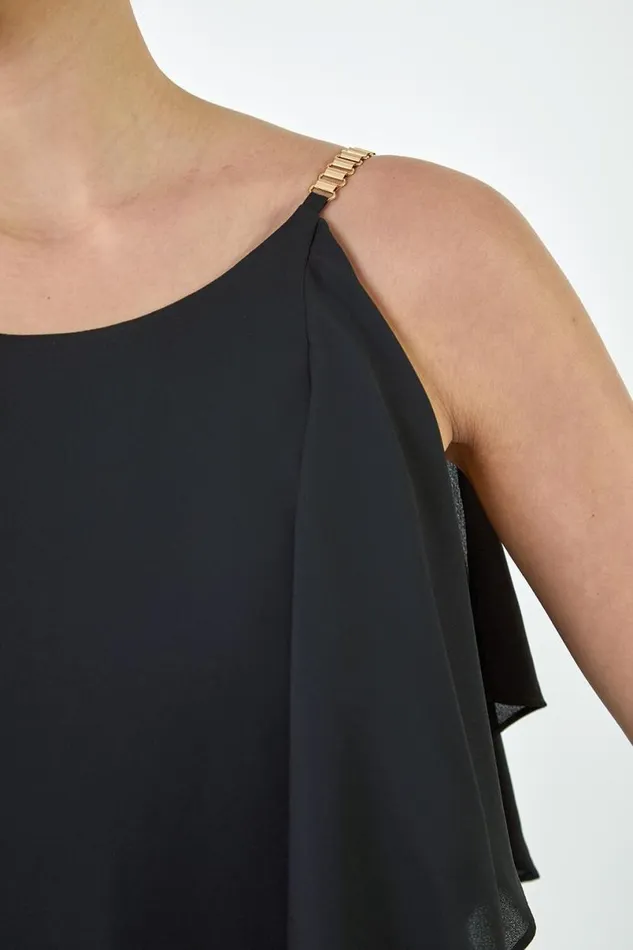 Black Plain Dipped Hem Ruffle Detail Midi Dress Women Roman Dresses