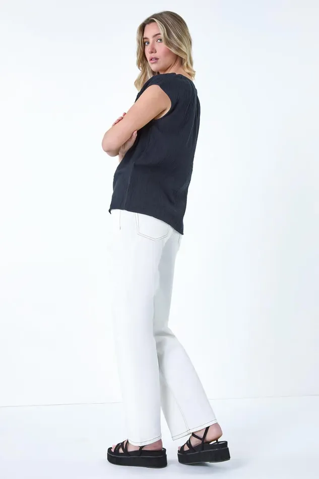 Black Pleat Detail Cotton Top Women Roman Tops