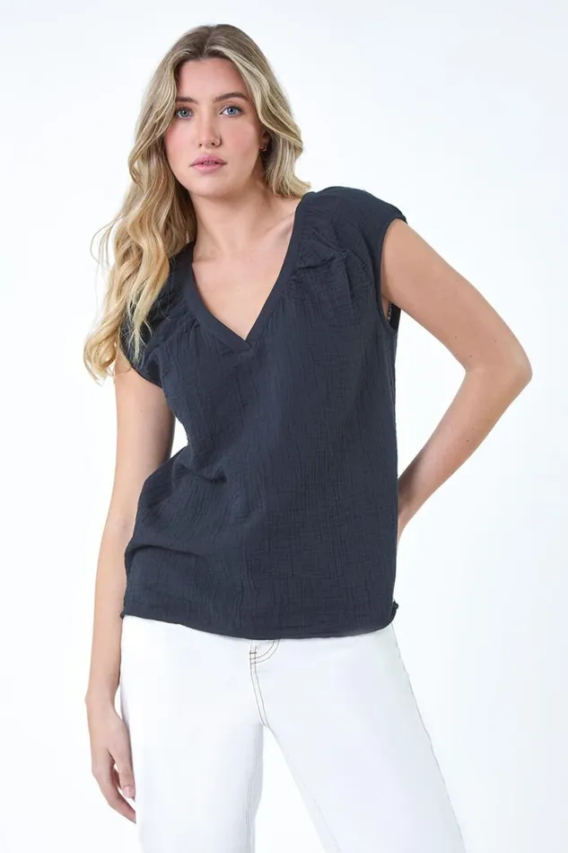 Black Pleat Detail Cotton Top Women Roman Tops