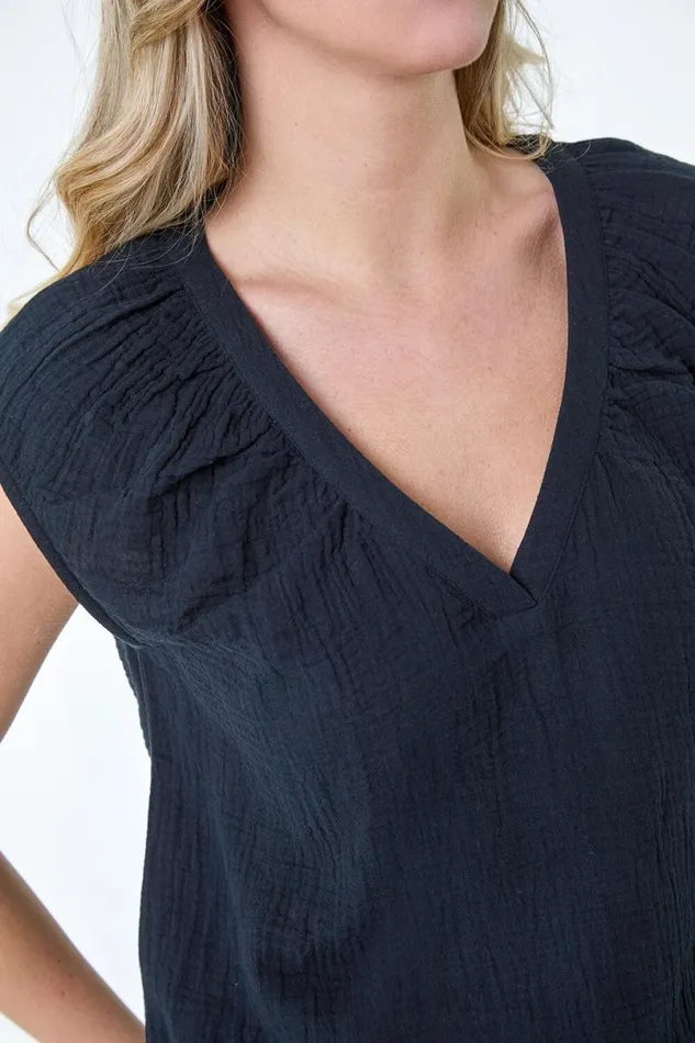 Black Pleat Detail Cotton Top Women Roman Tops