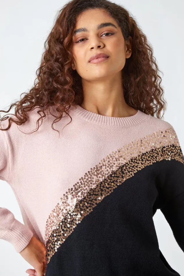 Black Sequin Embellished Colourblock Jumper Women Roman Knitwear