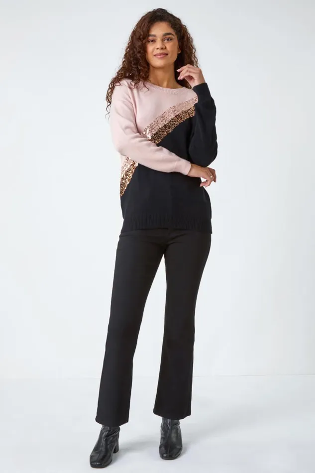 Black Sequin Embellished Colourblock Jumper Women Roman Knitwear