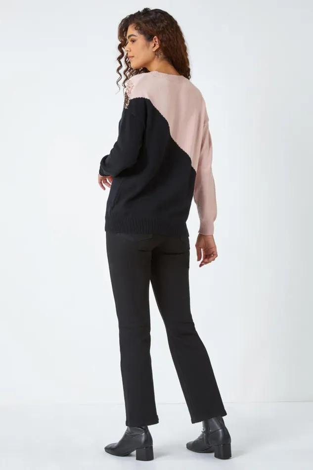 Black Sequin Embellished Colourblock Jumper Women Roman Knitwear