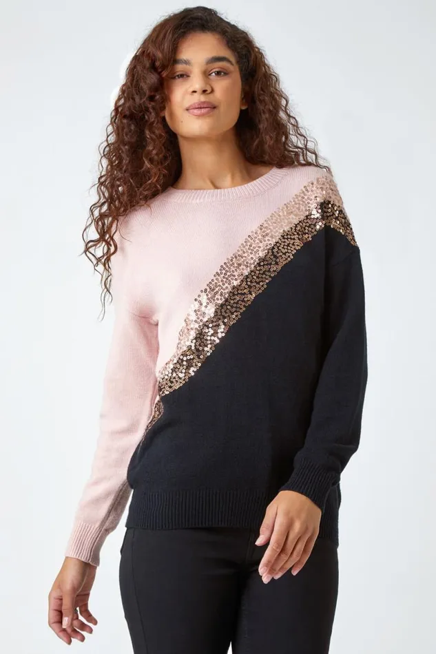 Black Sequin Embellished Colourblock Jumper Women Roman Knitwear
