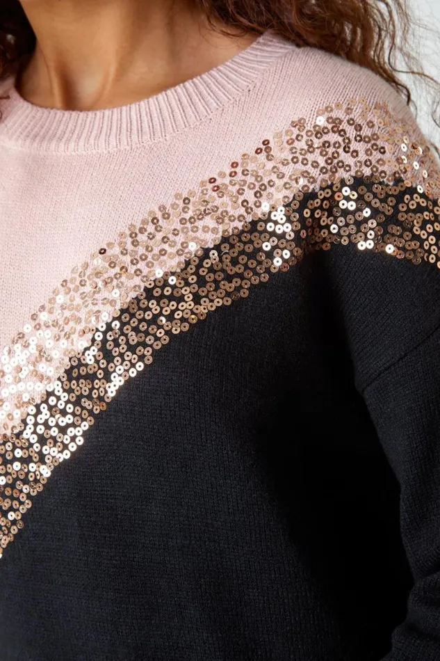 Black Sequin Embellished Colourblock Jumper Women Roman Knitwear