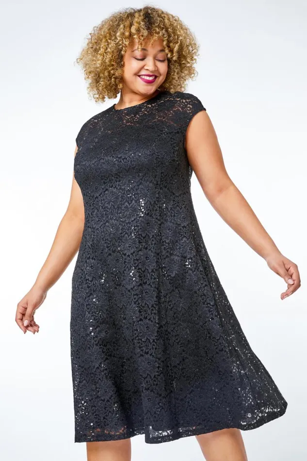 Black Sequin Lace Fit And Flare Dress Women Roman Dresses