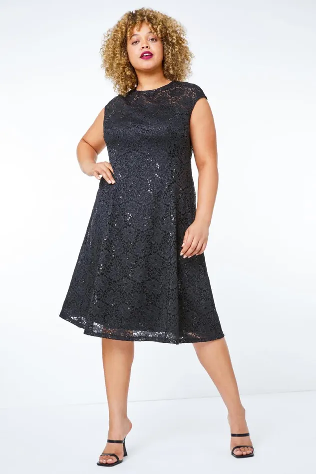 Black Sequin Lace Fit And Flare Dress Women Roman Dresses