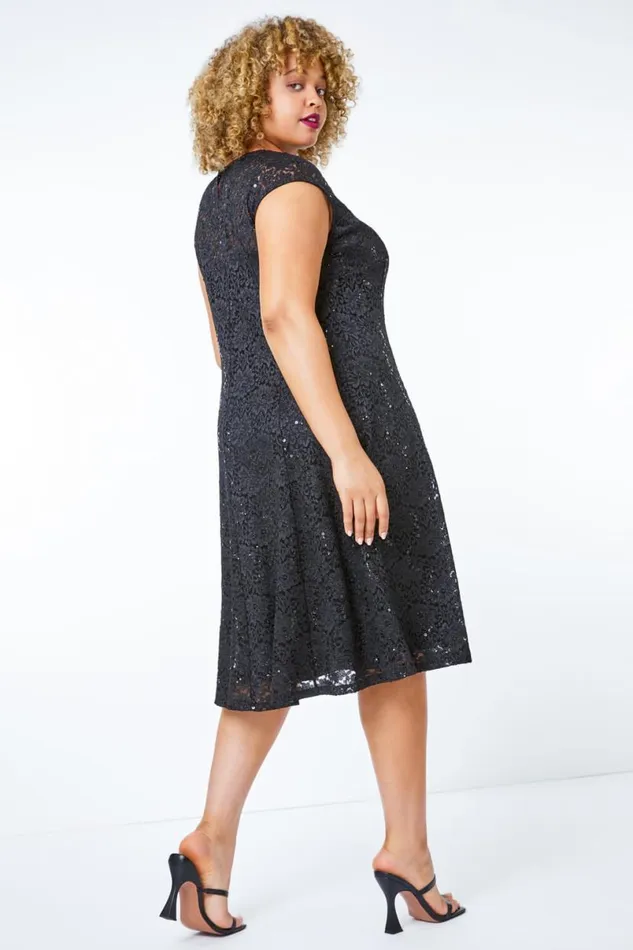 Black Sequin Lace Fit And Flare Dress Women Roman Dresses