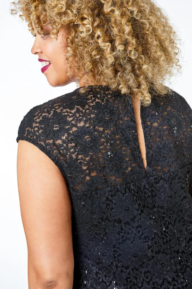 Black Sequin Lace Fit And Flare Dress Women Roman Dresses