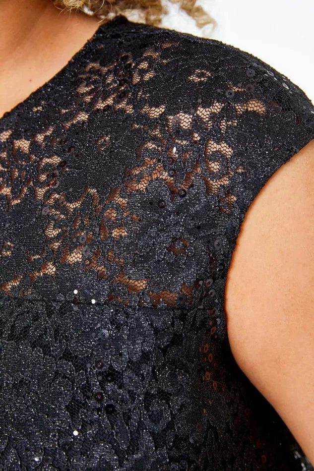 Black Sequin Lace Fit And Flare Dress Women Roman Dresses