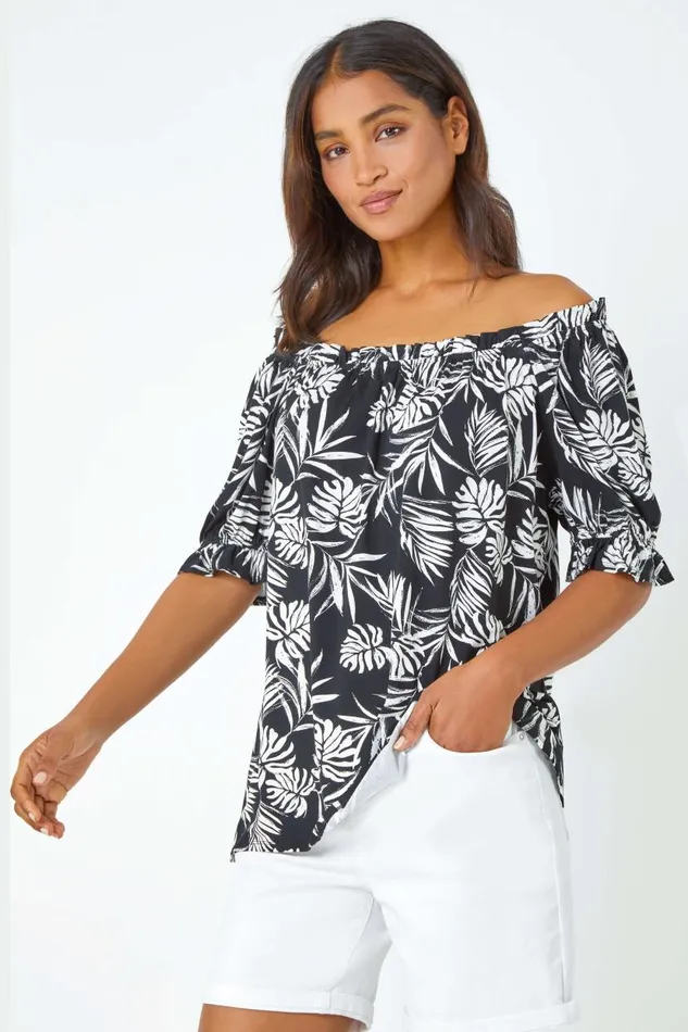 Black Shirred Bardot Palm Print Top Women Roman Tops