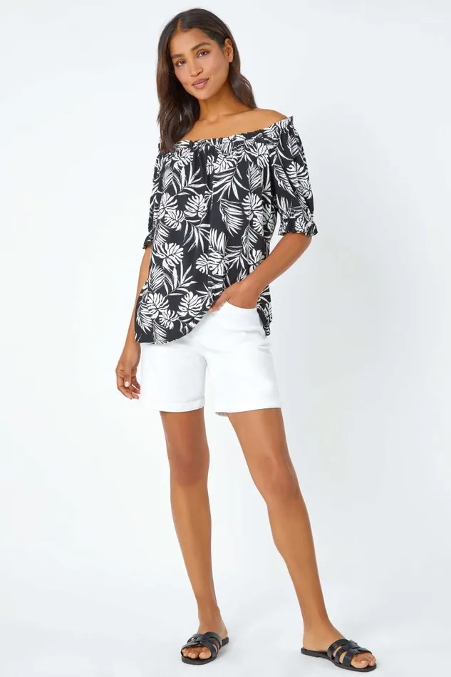 Black Shirred Bardot Palm Print Top Women Roman Tops