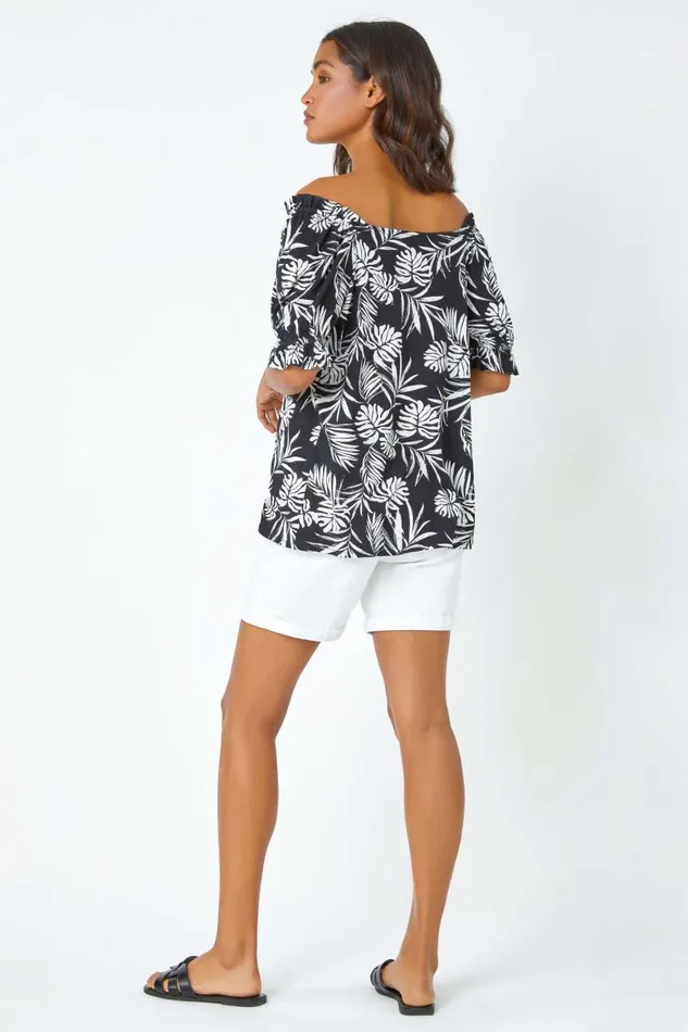 Black Shirred Bardot Palm Print Top Women Roman Tops