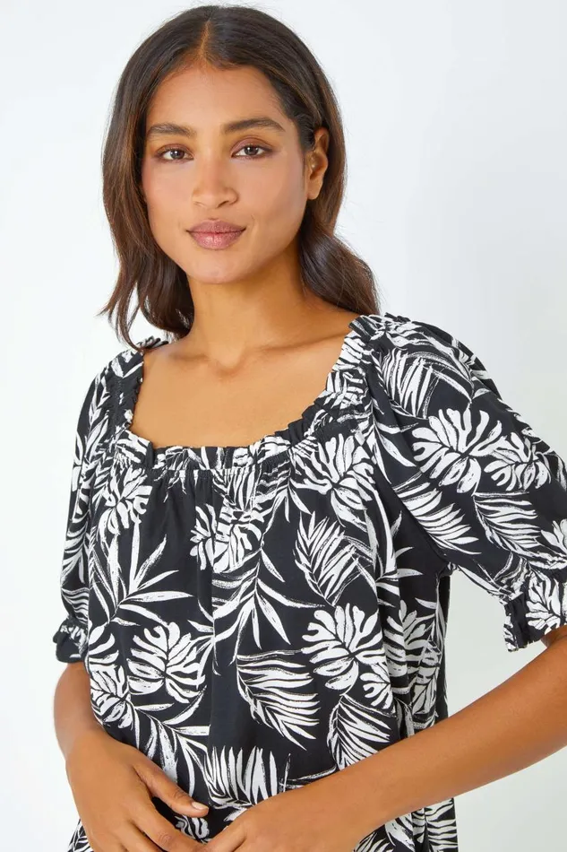 Black Shirred Bardot Palm Print Top Women Roman Tops