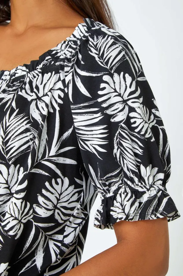 Black Shirred Bardot Palm Print Top Women Roman Tops