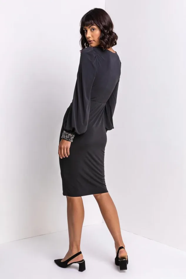 Black Sparkle Embellished Ruched Dress Women Roman Dresses