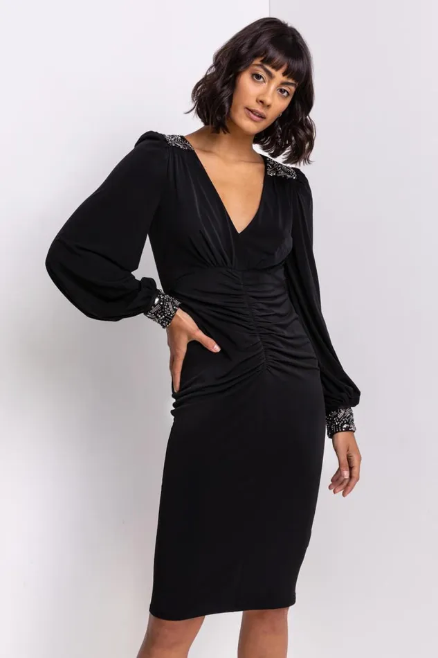 Black Sparkle Embellished Ruched Dress Women Roman Dresses
