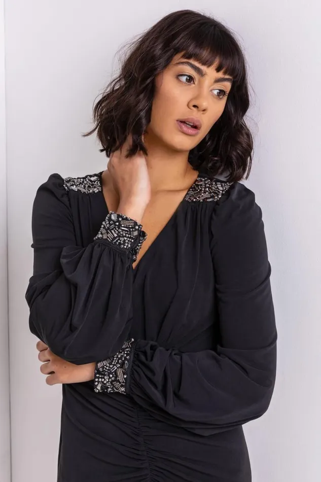 Black Sparkle Embellished Ruched Dress Women Roman Dresses
