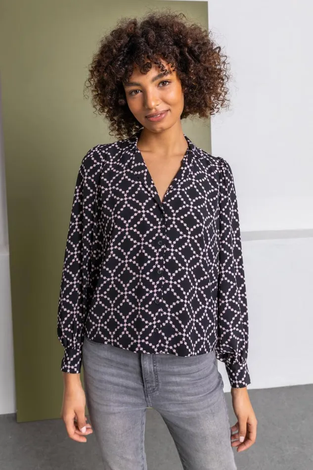 Black Spot Print Buttoned Blouse Women Roman Tops