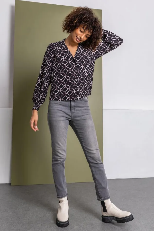 Black Spot Print Buttoned Blouse Women Roman Tops