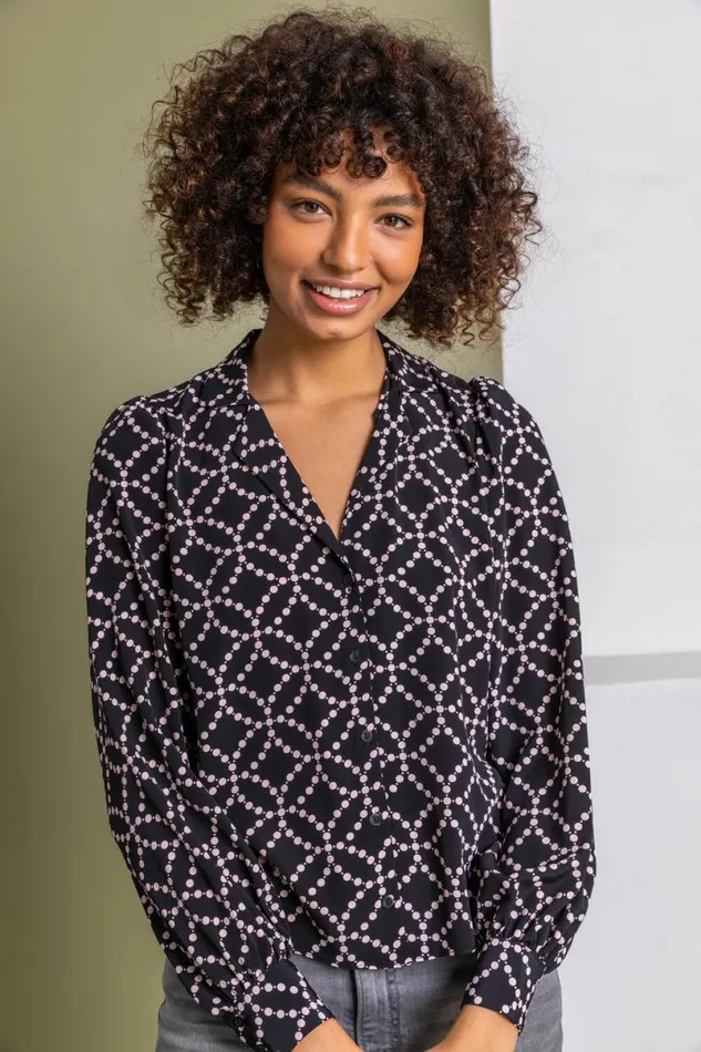 Black Spot Print Buttoned Blouse Women Roman Tops
