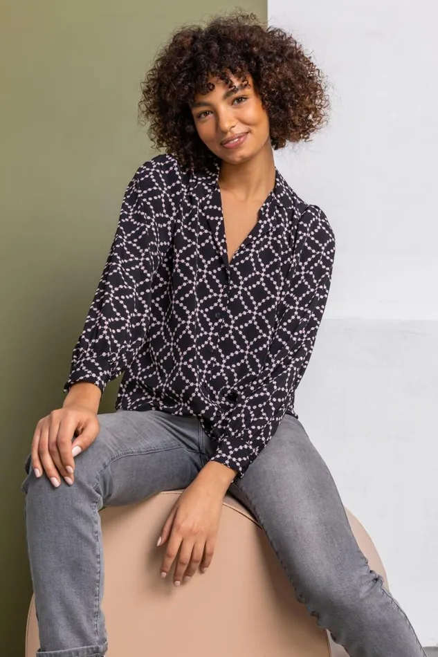 Black Spot Print Buttoned Blouse Women Roman Tops