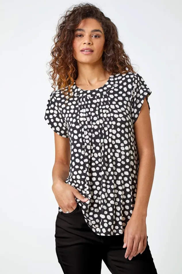 Black Spot Print Pleat Detail Blouse Women Roman Tops
