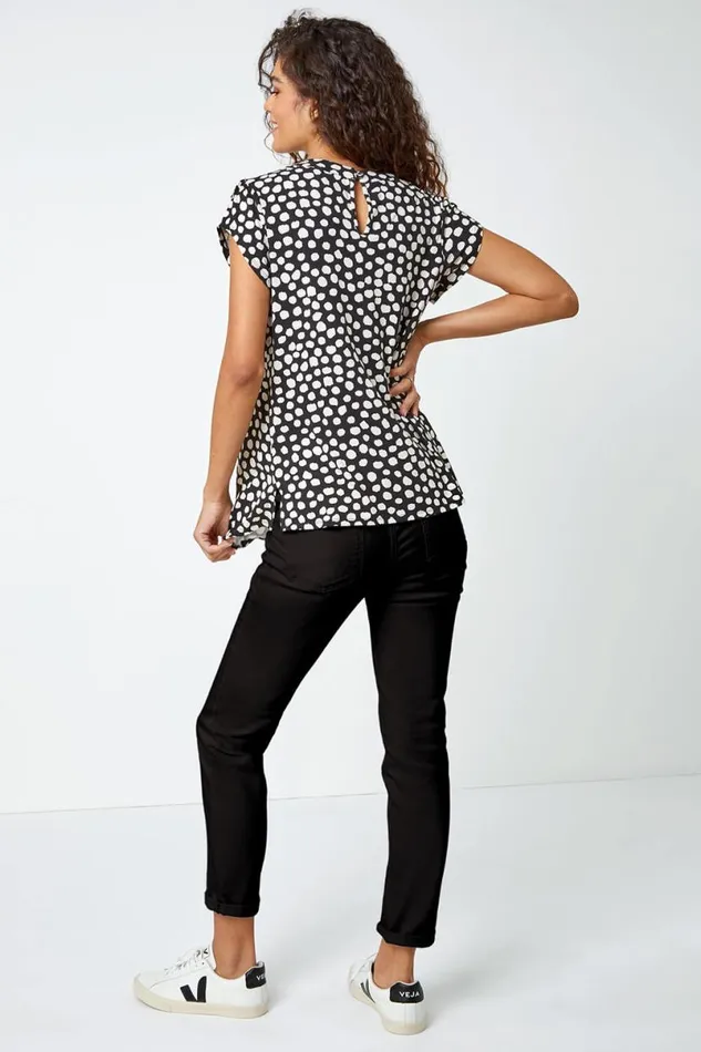 Black Spot Print Pleat Detail Blouse Women Roman Tops