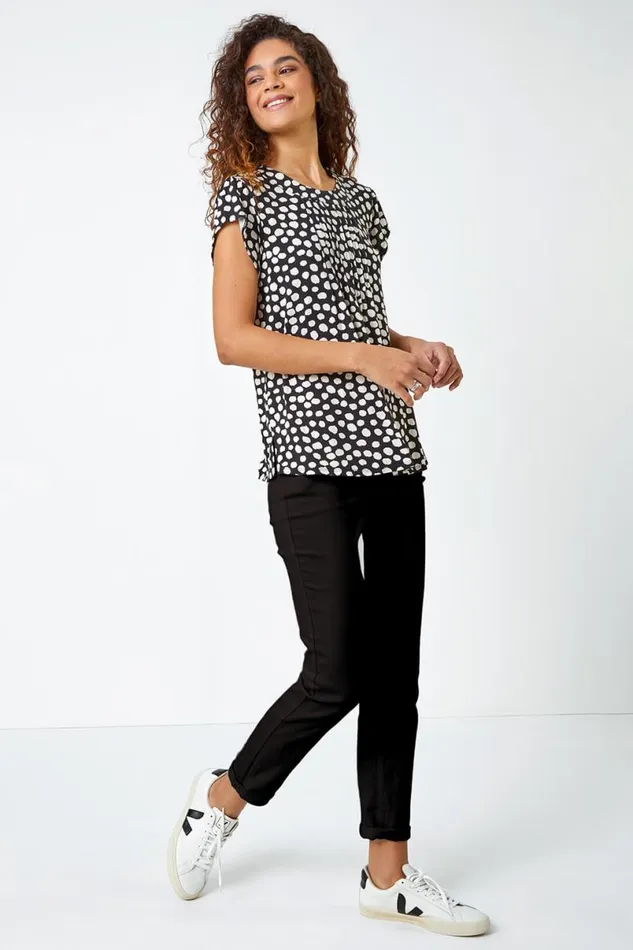 Black Spot Print Pleat Detail Blouse Women Roman Tops