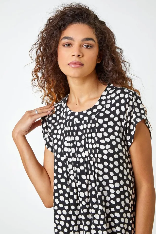 Black Spot Print Pleat Detail Blouse Women Roman Tops