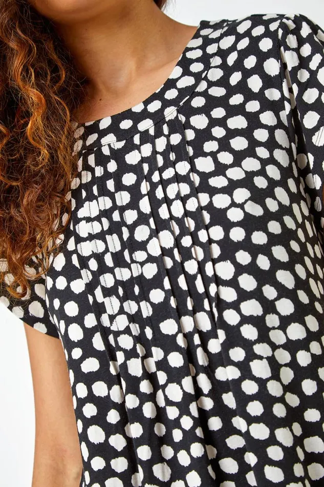 Black Spot Print Pleat Detail Blouse Women Roman Tops