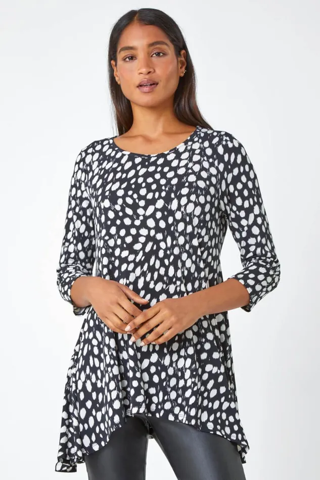 Black Spot Print Swing Stretch Top Women Roman Tops