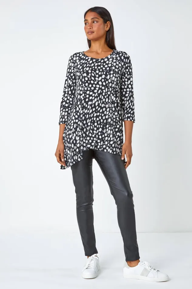 Black Spot Print Swing Stretch Top Women Roman Tops