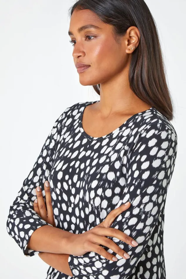 Black Spot Print Swing Stretch Top Women Roman Tops