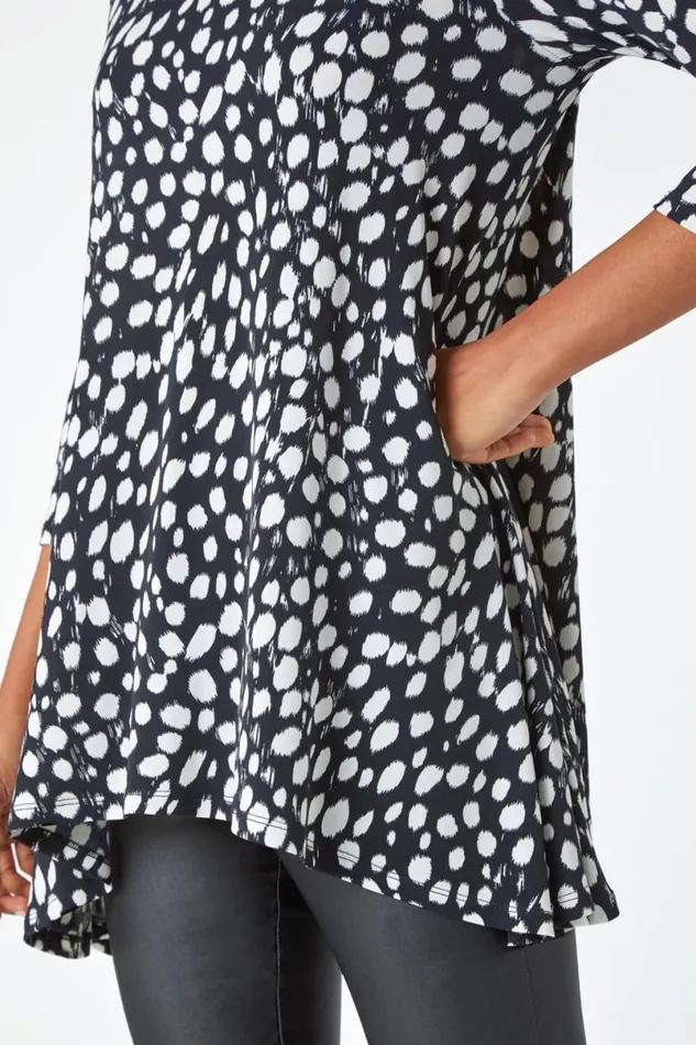 Black Spot Print Swing Stretch Top Women Roman Tops