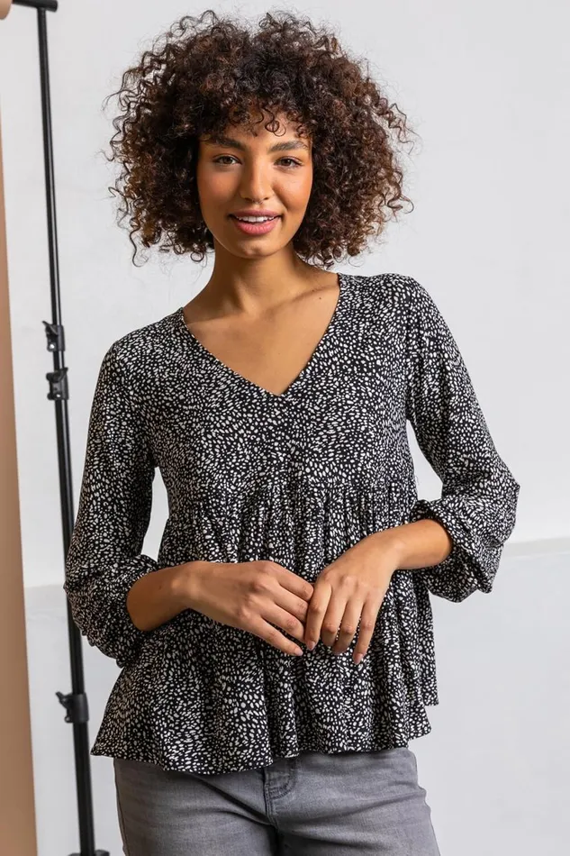 Black Spot Print V Neck Tiered Top Women Roman Tops