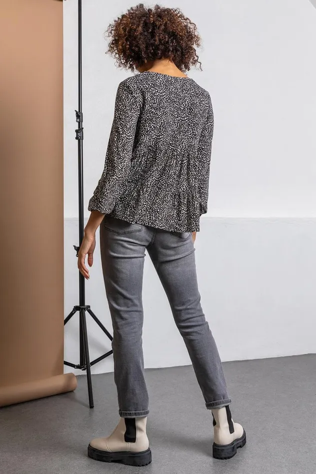 Black Spot Print V Neck Tiered Top Women Roman Tops
