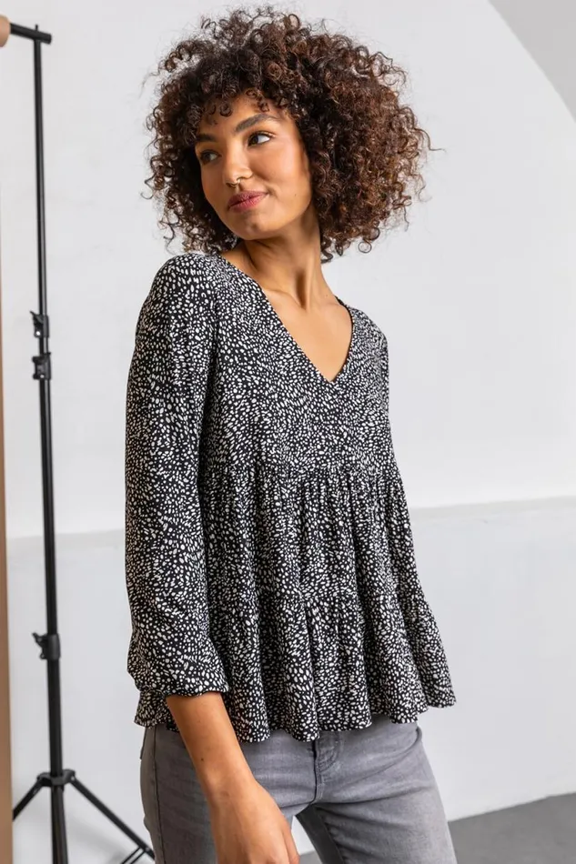 Black Spot Print V Neck Tiered Top Women Roman Tops