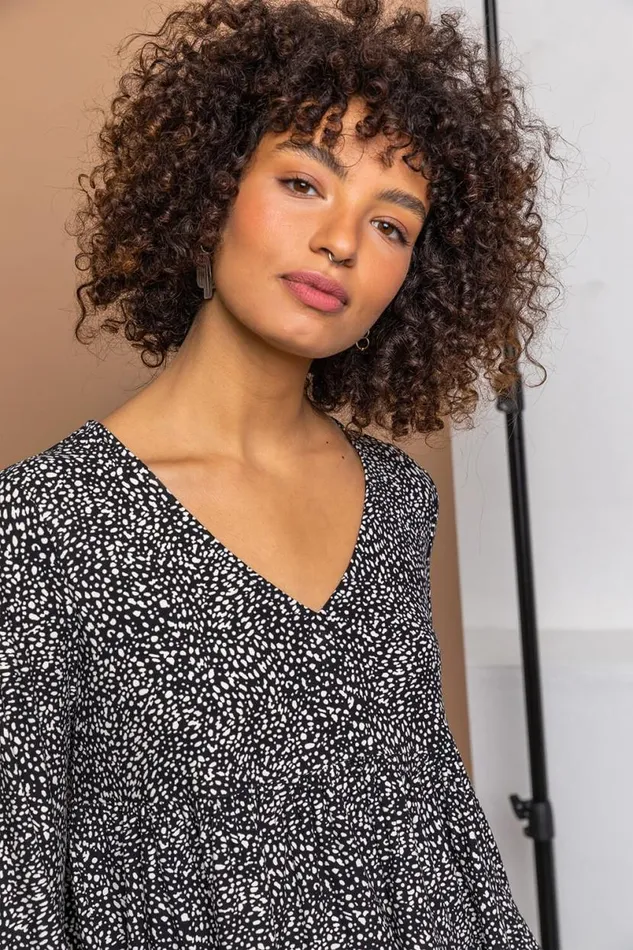 Black Spot Print V Neck Tiered Top Women Roman Tops